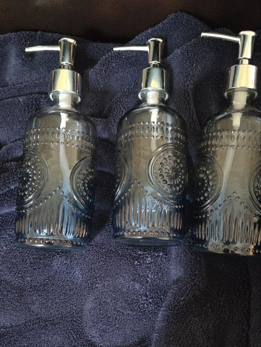 Set of 3 Blue Glass Soap Dispensers with Silver Pumps
